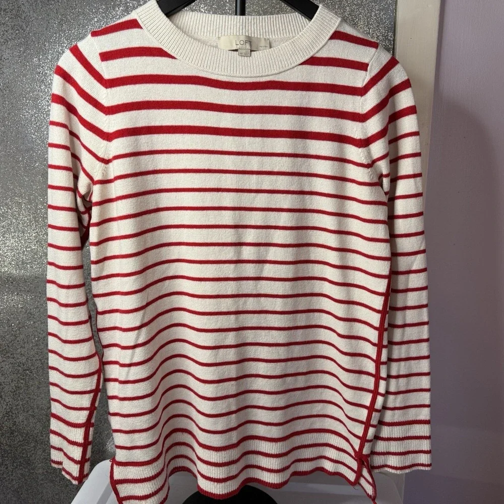 Loft Women's Petite Medium (PM) Red White‎ Striped Sweater Long Sleeve Pullover